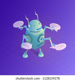 Chatbot concept. Online assistant. Communication with robot. Isometric vector illustration
