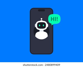 Concepto de chatbot. Comunicación en línea con chat bot. No digas hola a través de la pantalla del smartphone. Asistente de Asistencia al cliente de robots AI. Ilustración vectorial