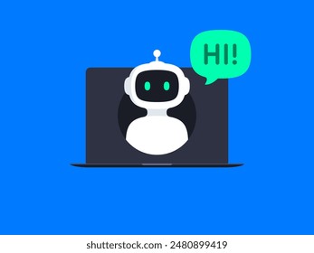 Chatbot concept. Online communication with chat bot. Bot say Hi through the laptop screen. AI robot customer support assistant. Vector illustration