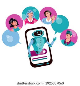 Chatbot concept with people chatting with bot on smartphone, cartoon vector illustration isolated on white background. Internet technology for clients online services.