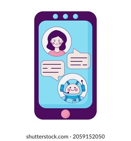 Concepto de bots de charla. Gente charlando con un bot de chat en un smartphone. Diseño de línea plana estilo moderno vectorial concepto de ilustración minimalista para negocios, sitio, banners, web.