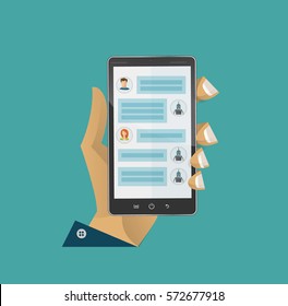 Chatbot concept. People chatting with chat bot on smartphone. Flat modern vector illustration. Black smartphone in hand.