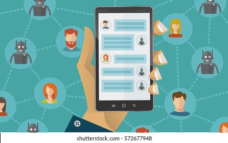 Chatbot concept. People chatting with chat bot on smartphone. Flat modern vector illustration. Black smartphone in hand. Social network between man, woman and robots