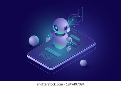 Chatbot concept, personal helper, machine learning, Isometric artificial intelligence, digital marketing dark neon vector 3d