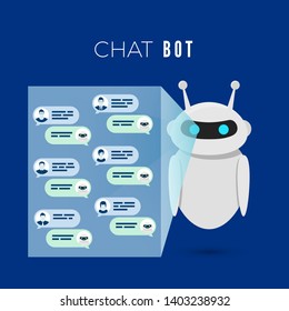 Chatbot concept. Robot projects a screen with messages from users and leads dialog with them answer question. Vector illustration