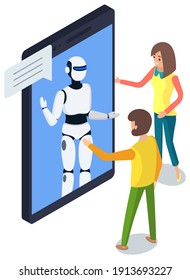 Chatbot concept support robot technology digital chat bot application on Smartphone screen isolated. Man and woman users communicating with virtual robot modern mobile app, humanoid assistant
