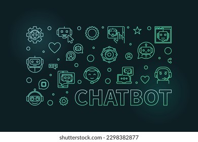 Chatbot concept thin line colorful banner - Chat-Bot Technology vector horizontal illustration on dark background