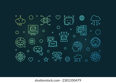 Chatbot Konzept dünne Linie horizontalen Vektorgrafik modernen Banner. Chatterbot Software, lineare bunter Illustration auf dunklem Hintergrund