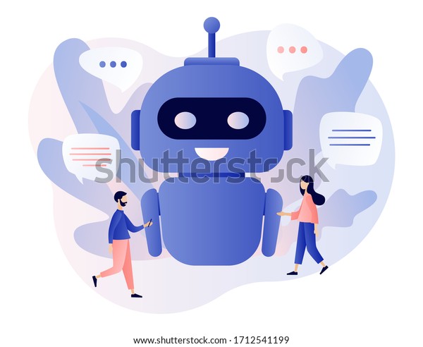 Chatbot concept.\
Tiny people chatting with chatbot application. AI robot assistant,\
online customer support. Modern flat cartoon style. Vector\
illustration on white\
background