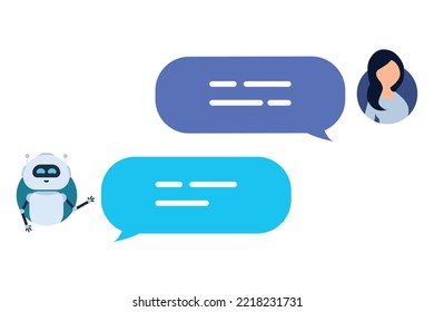 Chatbot concept. User ask robot the question and get an answer. Woman chatting with cute smiling robot. Dialog with bot. Customer service help. Vector illustration