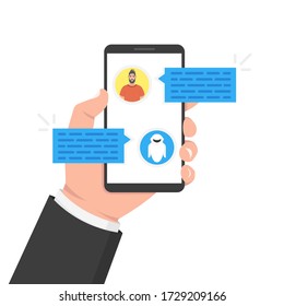 Chatbot concept. User chatting with chatbot in mobile application. Man icon. Vector illustration.
