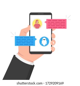 Concepto de bots de charla. Usuario charlando con chatbot en aplicación móvil. Icono de mujer. Ilustración vectorial.