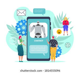 Ilustración vectorial de concepto de chatbot. Gente charlando con un bot de chat en un smartphone. Concepto de servicio de robots para negocios digitales, sitio, web. Conversación con inteligencia artificial, bot de charla.