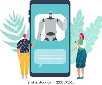 Chatbot concept vector illustration. People chatting with chat bot on smartphone. Robot service concept for digital business, site, web.