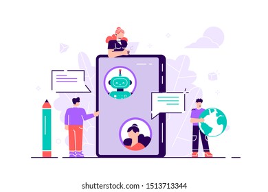 Chatbot concept. Virtual smartphone conversation persons. AI robot assistant for user correspondence. Simulated question or answer service. Artificial software discussion.Flat tiny vector illustration