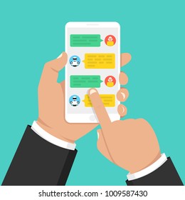 Chatbot concept. Woman chatting with chat bot on smartphone. User talk with bot in messenger. Vector illustration.