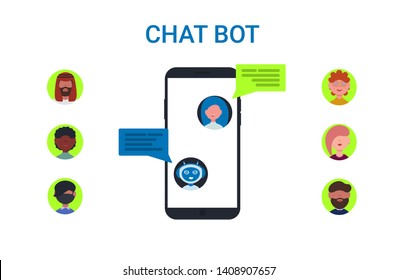 Chatbot concept. Woman chatting with chat bot on smartphone. People icons set avatars to choose. Flat vector design style illustration for business, site, web. 