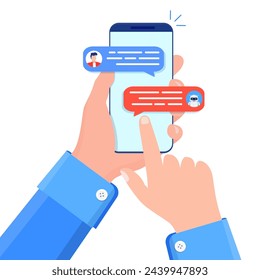 Chatbot concept. woMan chatting with chat bot on smartphone. Chat messages notification on smartphone. Chatbot ai and customer service concept. Vector illustration in flat style