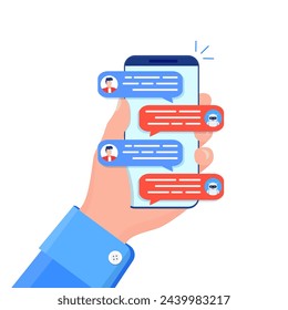 Chatbot concept. woMan chatting with chat bot on smartphone. Chat messages notification on smartphone. Chatbot ai and customer service concept. Vector illustration in flat style