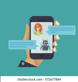 Chatbot concept. Woman chatting with chat bot on smartphone. Flat modern vector illustration. Black smartphone in hand.