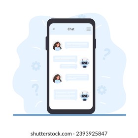 Chatbot concept. Woman chatting with robot on smartphone screen. AI business assistant. Online customer support and FAQ. Artificial intelligence technology. Vector illustration in flat cartoon style.