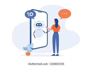 Concepto de bots de charla. Mujer hablando con chatbot en una gran pantalla de smartphone. Asistencia al cliente en línea. Diálogo con bot. Ayuda de servicio al cliente. Ilustración del vector