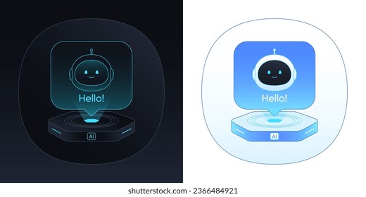 Chatbot conversation. AI robot with cute face, talk with virtual assistant. Chat bot and AI algorithms integration in business processes. Smart artificial intelligence system. Vector illustration