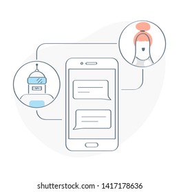 Chatbot, conversation on smartphone with chat bot, screen app interface with artificial intelligence technology providing virtual assistant customer help and support. Outline design style vector