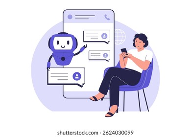 Chatbot Conversation with User on Mobile App. AI Virtual Assistant Illustration. Illustration for websites, landing pages, mobile apps, posters and banners