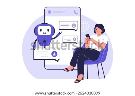 Chatbot Conversation with User on Mobile App. AI Virtual Assistant Illustration. Illustration for websites, landing pages, mobile apps, posters and banners