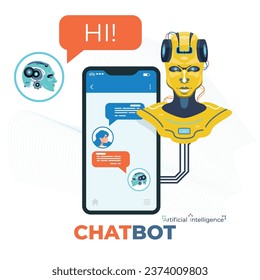 A chatbot conversing with a person on a cell phone. The chatbot is depicted as a robot with a speech bubble that says "HI!". The person is holding up their cell phone and smiling. This image is perfec