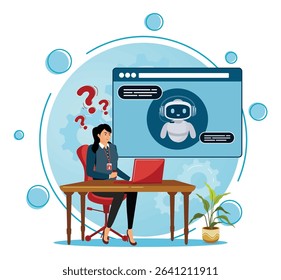 Chatbot customer service concept. A woman interacting with an AI chatbot interface, symbolizing technology, communication, and modern web applications in a professional environment.