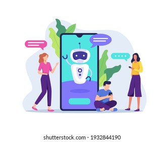 Chatbot customer service illustration. Ai technology with chat bot receiving client messages. Future marketing, Smart artificial intelligence bot online talking helping client. Vector in a flat style
