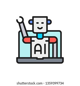 Chatbot, customer service robot, artificial intelligence flat color line icon.