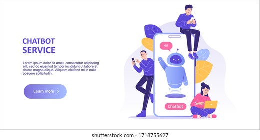 Chatbot customer service support concept. People talking with chatbot robot in smartphone app. Chatbot development platform. Landing page template. Web banner. Modern isolated vector illustration