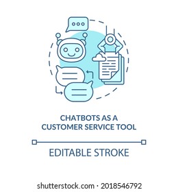 Chatbot como herramienta de servicio al cliente icono de concepto azul. Apoya a bot para la comunicación en línea. Ilustración de línea delgada de ideas abstractas de software de mensajes. Dibujo de color de contorno aislado del vector. Trazo editable