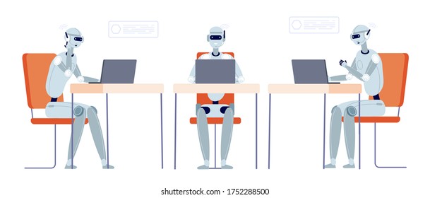 Chatbot customer support. Modern robot chatting, bot service or hotline. Smart technology in business, cyborg operator vector illustration