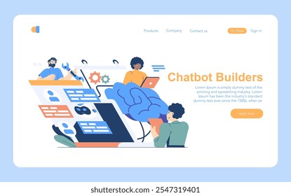 Chatbot Development concept. Illustration of a team creating a digital assistant, showcasing coding and artificial intelligence design. Vector illustration.