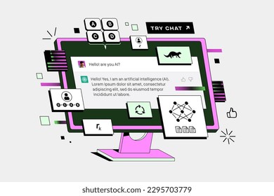 The Chatbot is displayed on the computer. Neural Network Genetates Text. Artificial Intelligence answers questions. ChatGPT concept fake 3d vector illustration.