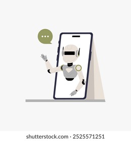 Chatbot emergindo da tela do smartphone em uma ilustração vetorial plana simbolizando assistente virtual, conversação de IA e comunicação on-line, isolados em fundo branco.