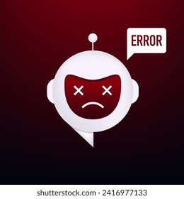 Error en el robot de charla. Red neuronal Chat Bot, fallo del programa, ataque hacker. IA con errores de virus o código. Asistente Robot para soporte al cliente de aplicaciones web o móviles. Ilustración del vector