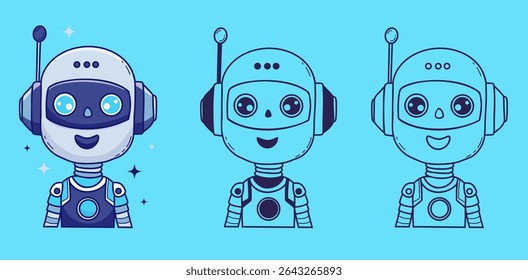 Chatbot Face, Assistant AI robot character set. Vector Outline and color hand drawing Avatar. Isolated symbols for tech support, security, chatbot, futuristic design. Not AI
