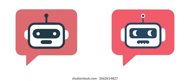 Chatbot face icons in red speech bubble style. Perfect for AI, customer service automation, technology services, and messaging apps.