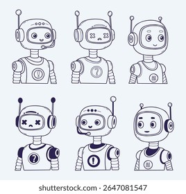 Cara de Chatbot, Robot, Asistente AI conjunto. Esquema de dibujo a mano Avatar. Vector Personaje aislado para Asistencia tecnológica, seguridad, proyectos de chatbot, diseño futurista. No es IA