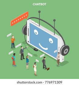 Chatbot flat isometric vector concept. Smartphone that looks like a robot head with headset is chatting with customers that are standing in front of it.