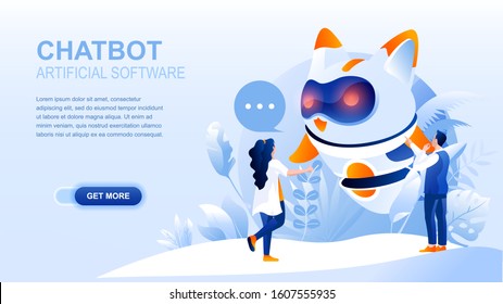 Chatbot flat landing page with header, banner vector template. Artificial intelligence and software website layout. Modern technologies, digital conversational partner, virtual assistant web page