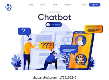 Chatbot flach Landing Page. Leute, die mit Chatbot chatten, virtueller Hilfsdienst, Vektorgrafik. Künstliche Intelligenz, intelligente Technologie, Webseitenzusammensetzung mit Menschen-Charakteren.