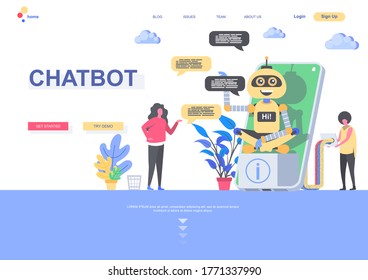 Chatbot flache Landing Page Vorlage. Entwickler programmieren online Chatbot Situation. Webseite mit Personenzeichen. Künstliche Intelligenz, virtueller Kundensupport, Vektorgrafik