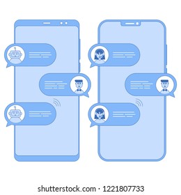 Chatbot flat line icon concept. Live chat in trendy flat design. Man chatting with chat bot on smartphone. User talk with bot in messenger. Man chatting with live chat support. Vector illustration.