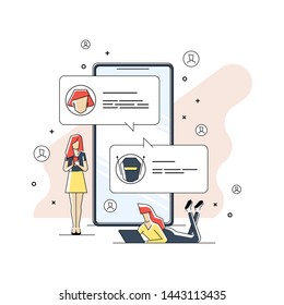 Chatbot flat line icon concept. Man chatting with chat bot on smartphone. User talk with bot in messenger. Vector illustration isolated on white background
